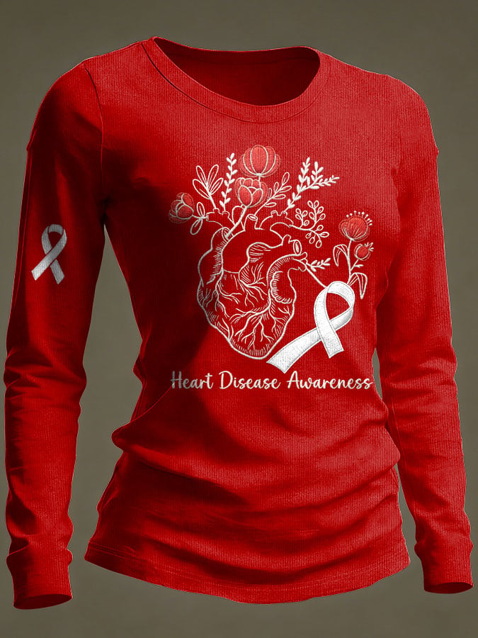 Women's Casual Heart Disease Awareness Print Long-Sleeve T-Shirt