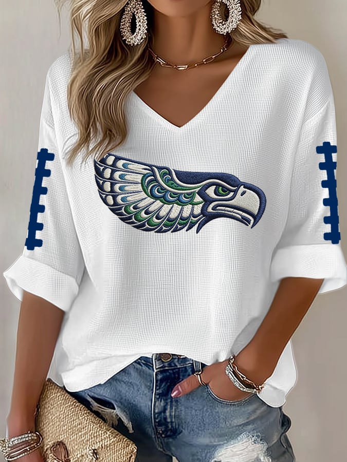 Women's Football Print Waffle Long Sleeve T-Shirt
