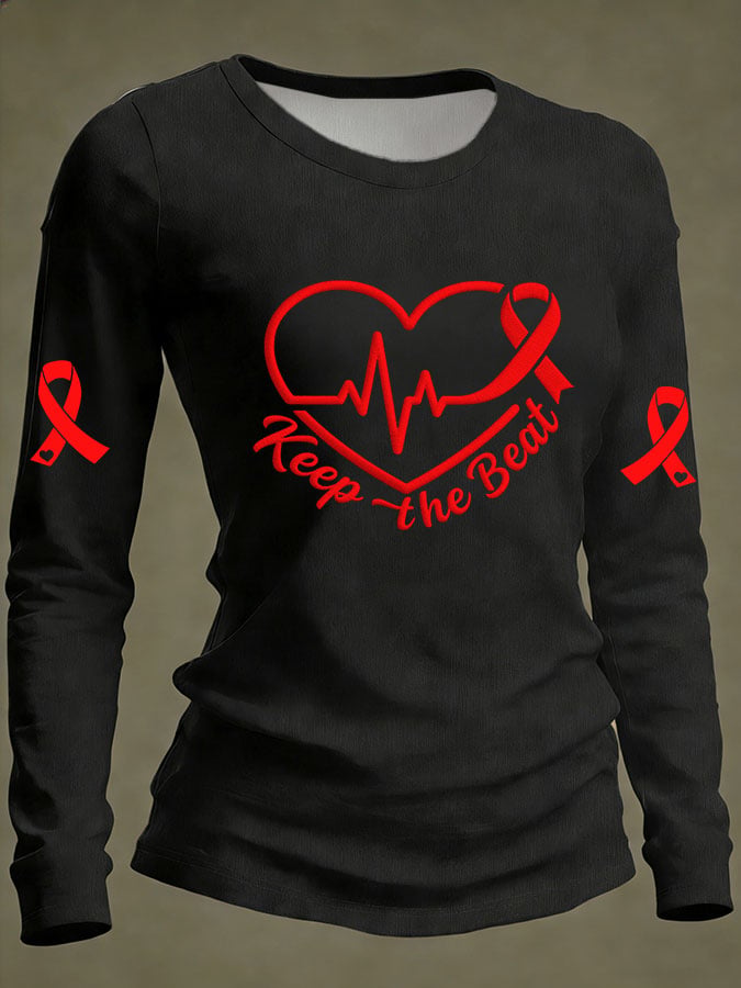 Women's Casual Heart Disease Awareness Print Long-Sleeve T-Shirt