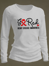 Women's Casual Heart Disease Awareness Print Long-Sleeve T-Shirt
