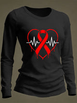 Women's Casual Heart Disease Awareness Print Long-Sleeve T-Shirt
