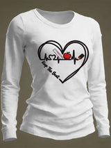 Women's Casual Heart Disease Awareness Print Long-Sleeve T-Shirt