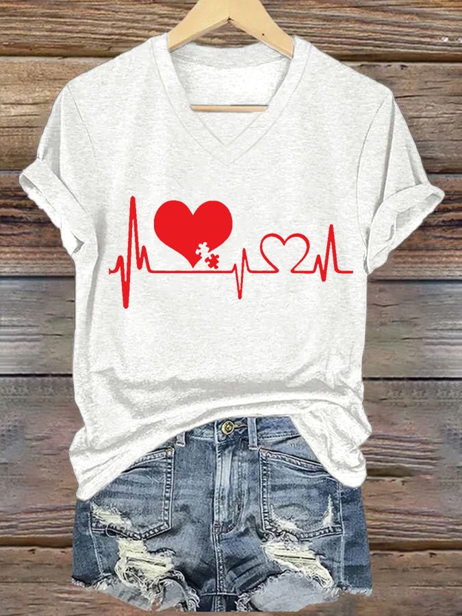 Women's Casual Heart Disease Awareness Printed Short-Sleeve T-Shirt