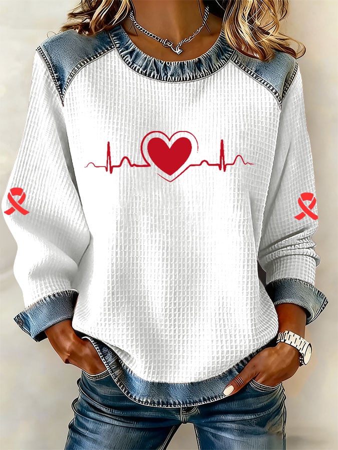 Women's Retro Heart Disease Awareness Print Long-Sleeve Sweatshirt