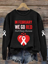 Women's Casual Heart Disease Awareness In February Wear Red Printed Long-Sleeve Sweatshirt