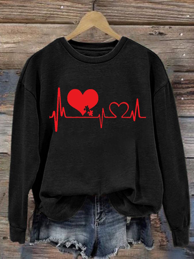 Women's Casual Heart Disease Awareness In February Wear Red Printed Long-Sleeve Sweatshirt