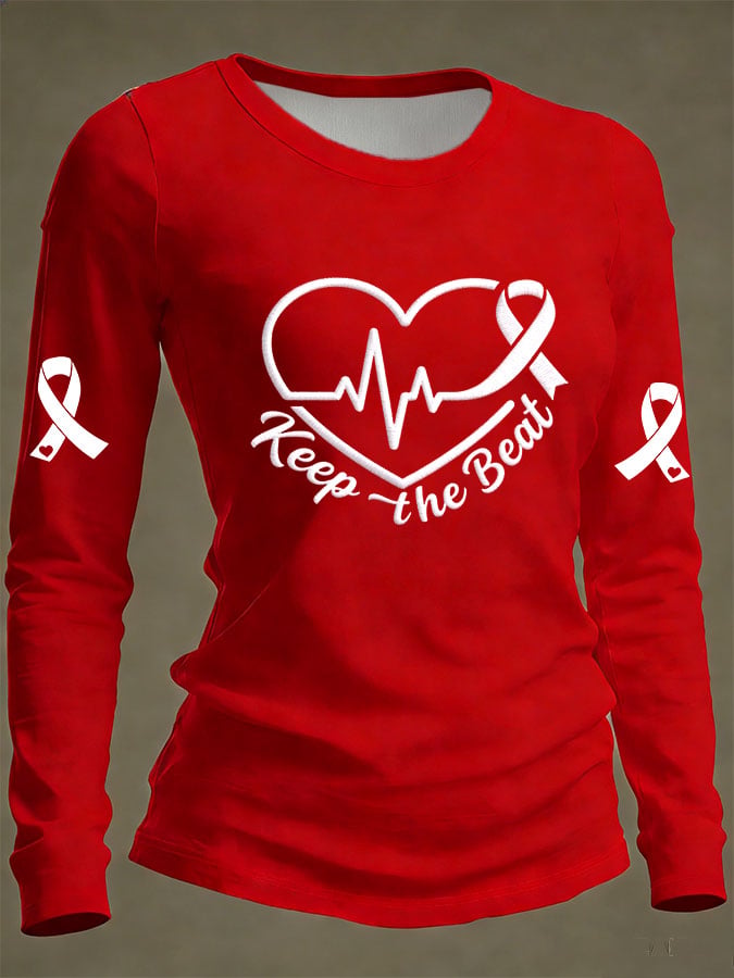 Women's Casual Heart Disease Awareness Print Long-Sleeve T-Shirt