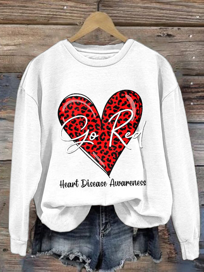 Women's Casual Heart Disease Awareness In February Wear Red Printed Long-Sleeve Sweatshirt