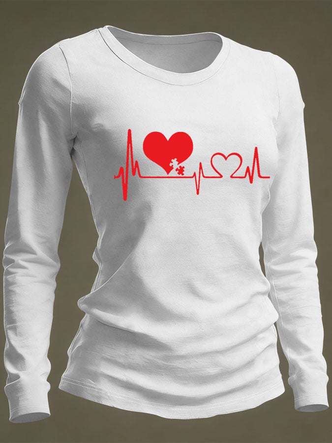 Women's Casual Heart Disease Awareness Print Long-Sleeve T-Shirt