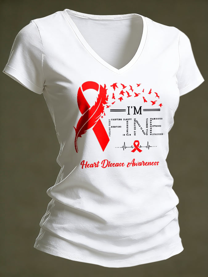 Women's Casual Heart Disease Awareness Printed Short-Sleeve T-Shirt