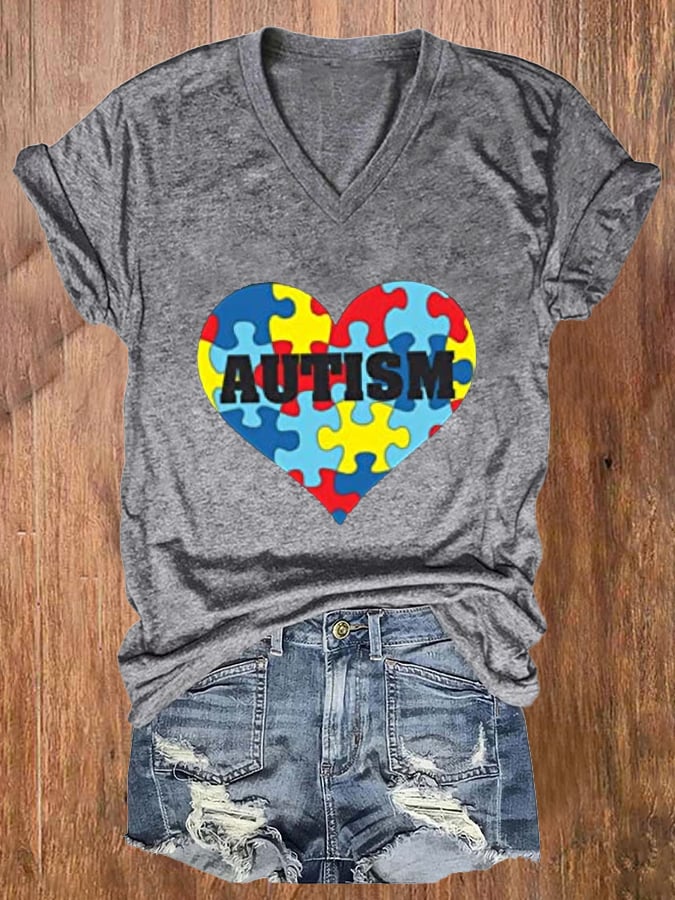 Women'S Autism Print  V Neck Casual T-Shirt