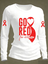 Women's Casual Heart Disease Awareness Print Long-Sleeve T-Shirt