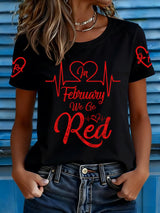 Women's casual red T-shirt with abstract floral art design