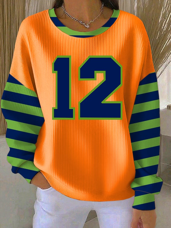 Women's Rugby Print Knit Crew Neck Long Sleeve Top