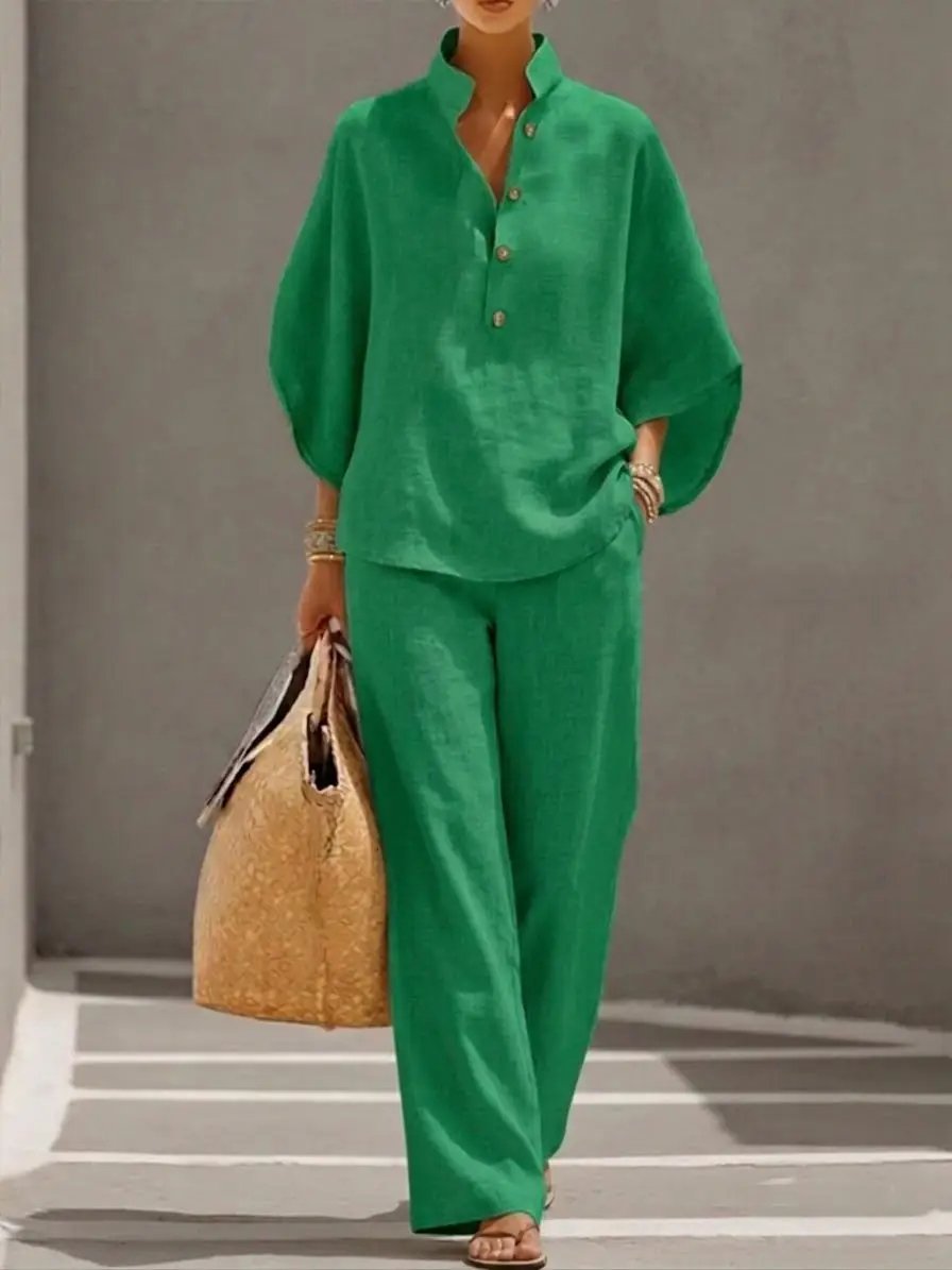 Casual Batwing Sleeve Linen And Cotton Shirt And Trousers Two-piece Set