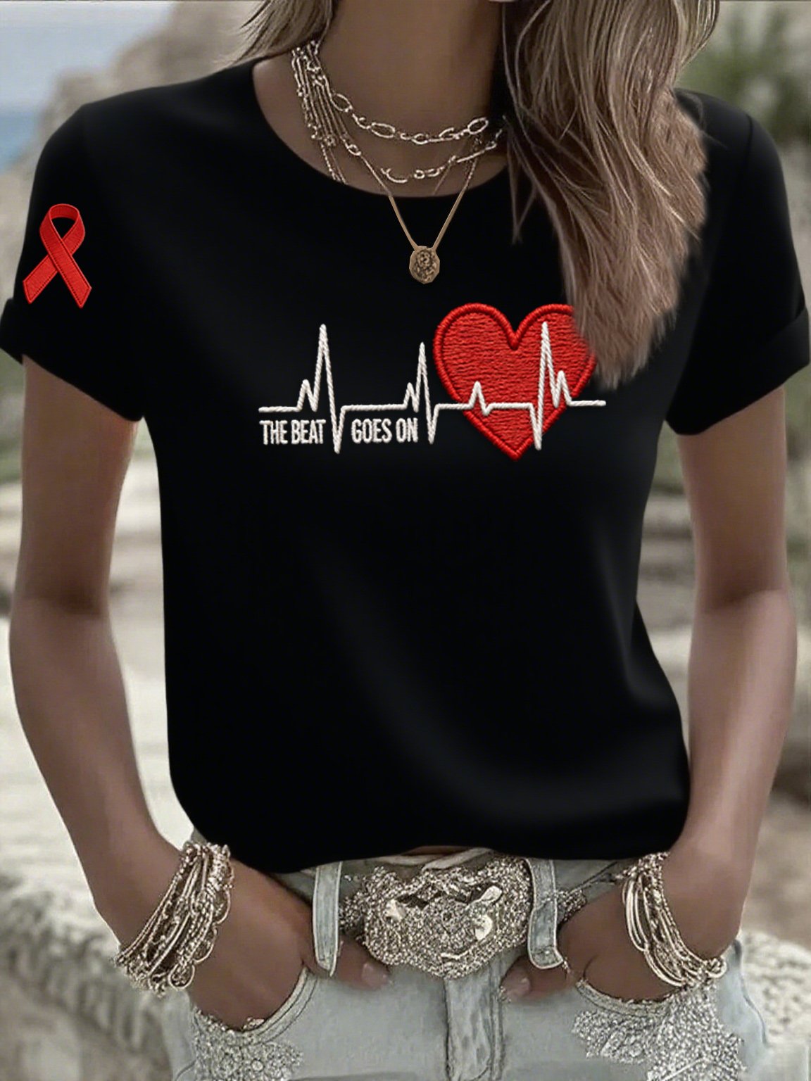 Women's Casual Heart Disease Awareness T-shirt (THE BEAT GOES ON)