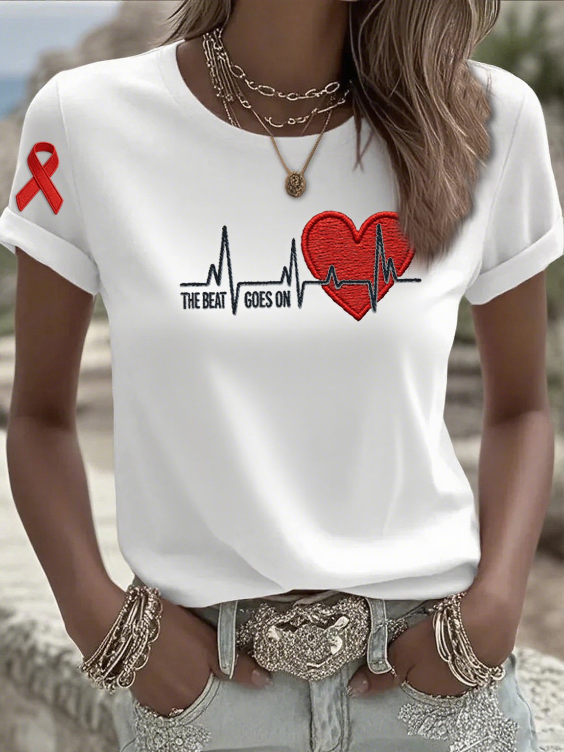 Women's Casual Heart Disease Awareness T-shirt (THE BEAT GOES ON)