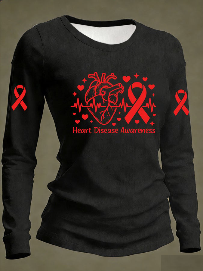 Women's Casual Heart Disease Awareness Print Long-Sleeve T-Shirt