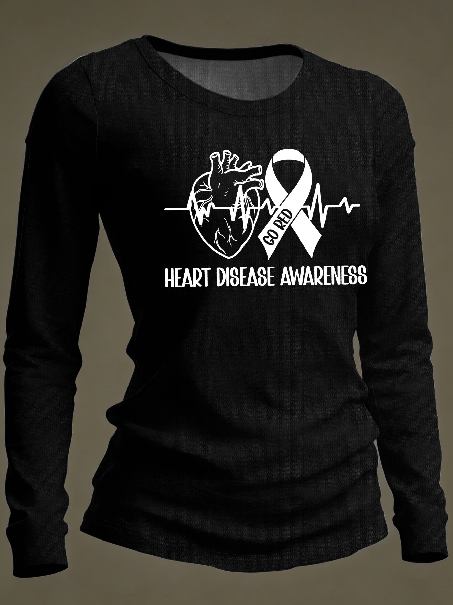Women's Casual Heart Disease Awareness Print Long-Sleeve T-Shirt