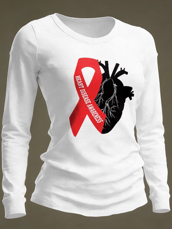 Women's Casual Heart Disease Awareness Print Long-Sleeve T-Shirt