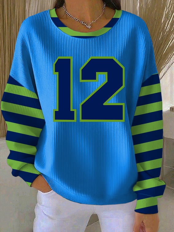 Women's Rugby Print Knit Crew Neck Long Sleeve Top