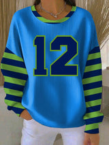 Women's Rugby Print Knit Crew Neck Long Sleeve Top