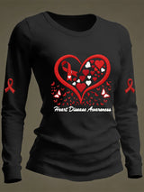 Women's Casual Heart Disease Awareness Print Long-Sleeve T-Shirt