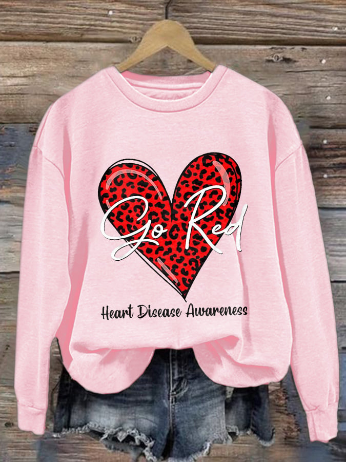 Women's Casual Heart Disease Awareness In February Wear Red Printed Long-Sleeve Sweatshirt