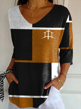 Women's Casual Retro Contrast Color Square Faith Striped T-Shirt