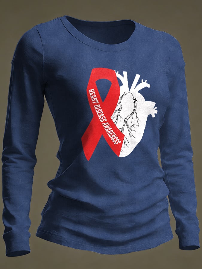 Women's Casual Heart Disease Awareness Print Long-Sleeve T-Shirt