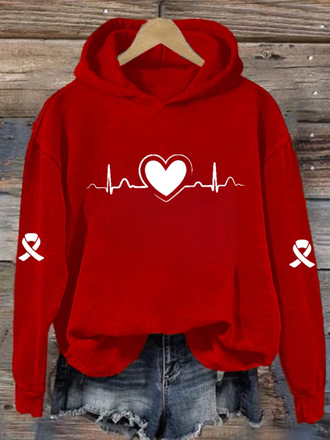 Women's Casual Heart Disease Awareness Print Hoodie