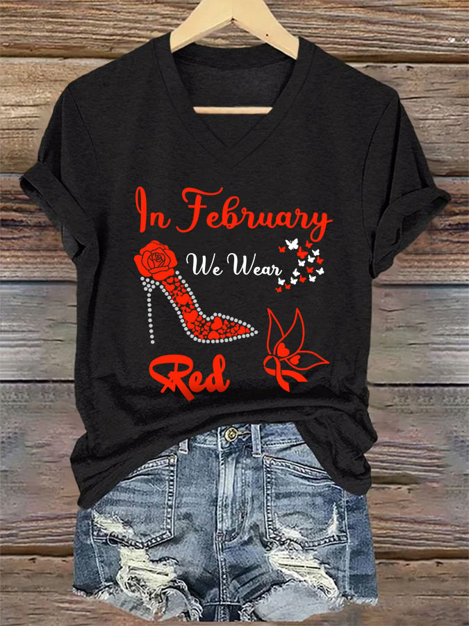 Women's Casual Heart Disease Awareness Printed Short-Sleeve T-Shirt