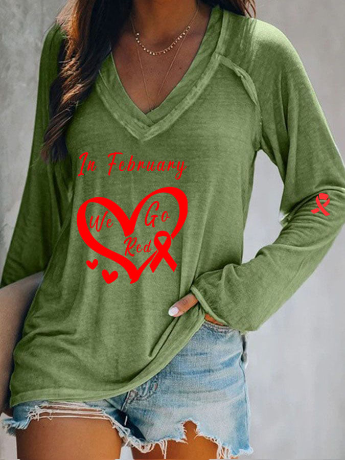 Women's Casual Heart Disease Awareness Printed Long Sleeve Top