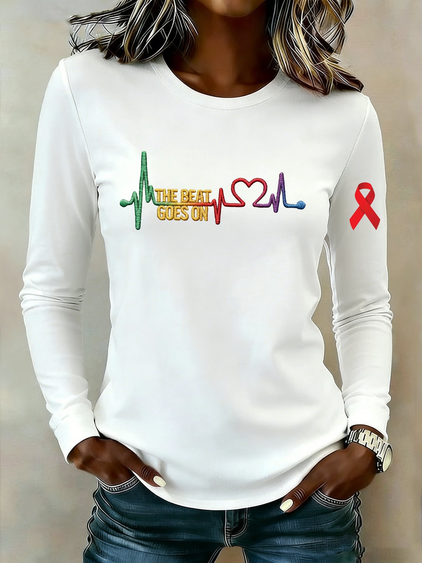Women's casual long-sleeved T-shirt for heart disease awareness