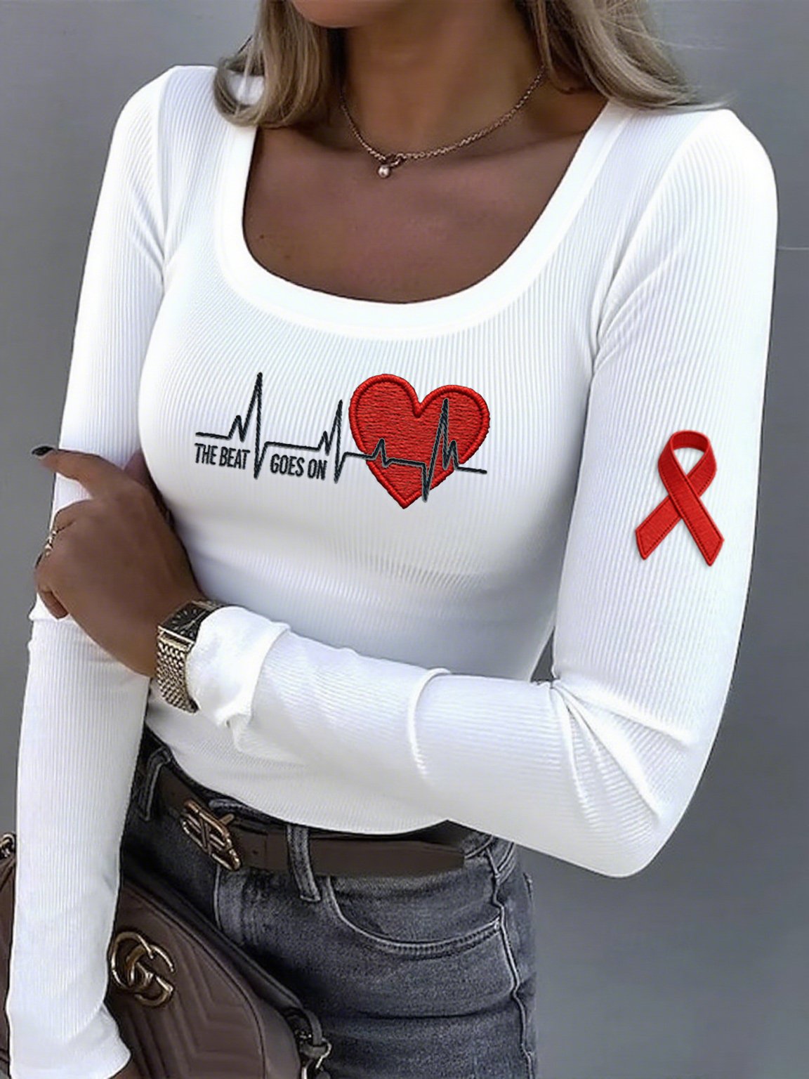 Women's casual heart disease awareness base layer shirt (THE BEAT GOES ON)