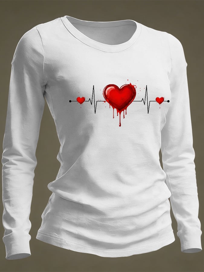 Women's Casual Heart Disease Awareness Print Long-Sleeve T-Shirt