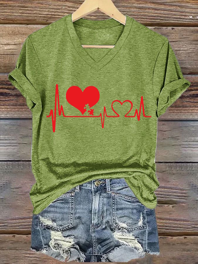 Women's Casual Heart Disease Awareness Printed Short-Sleeve T-Shirt