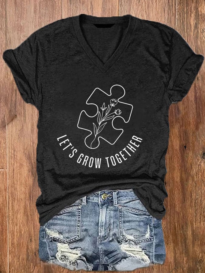 Women'S Autism Let's Grow Gogether Print  V Neck Casual T-Shirt
