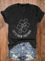 Women'S Autism Let's Grow Gogether Print  V Neck Casual T-Shirt