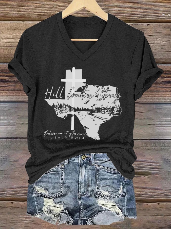 Women's Western Texas Print V-Neck Short Sleeve T-Shirt