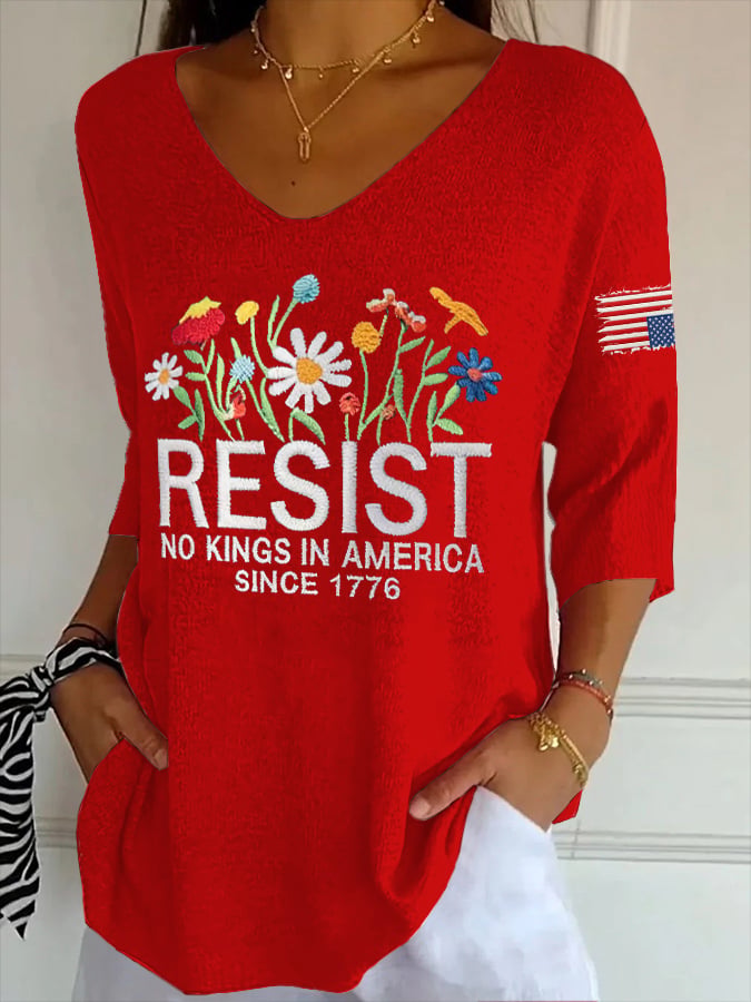 🔥Buy 3 Get 15% Off🔥V- Neck Retro Resist No Kings In America Since 1776 Print Shirt