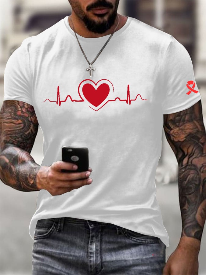 Men's Heart Disease Awareness Casual Printed T-shirt