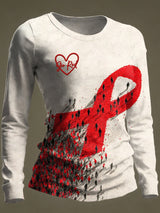 Women's Casual Heart Disease Awareness Print Long-Sleeve T-Shirt