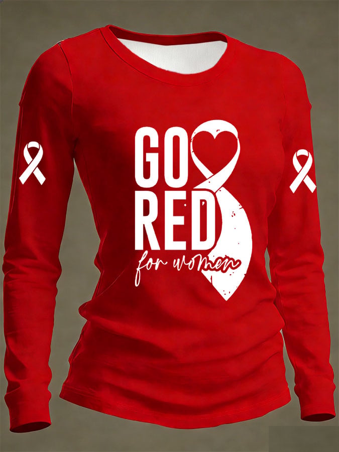 Women's Casual Heart Disease Awareness Print Long-Sleeve T-Shirt