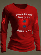 Women's casual long-sleeved T-shirt with "OPEN HEART SURGERY SURVIVOR" print