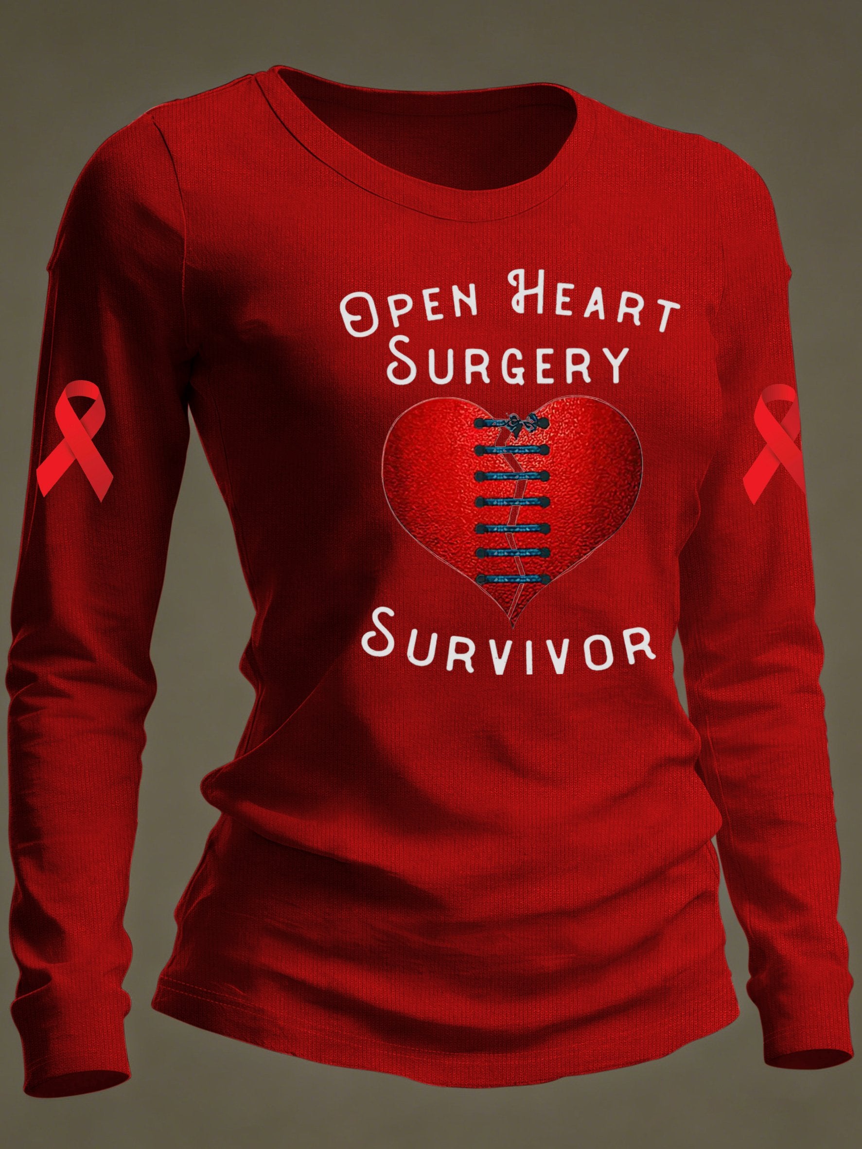 Women's casual long-sleeved T-shirt with "OPEN HEART SURGERY SURVIVOR" print