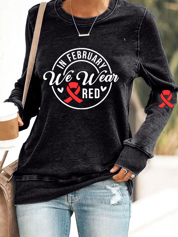 Women's Casual Heart Disease Awareness Printed Sweatshirt