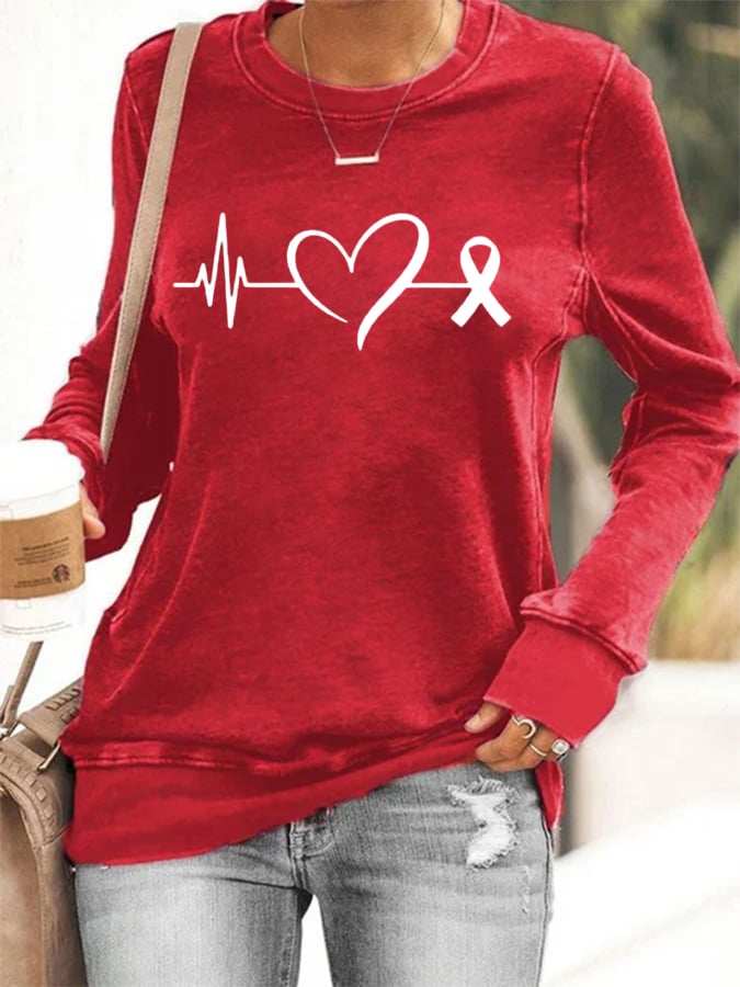 Women's Casual Heart Disease Awareness Printed Sweatshirt