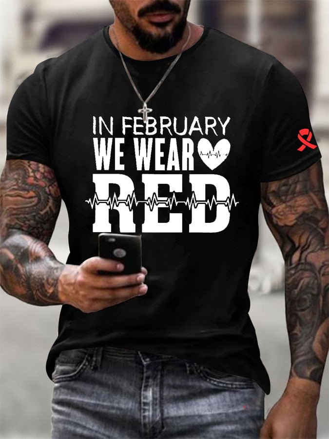 Men's Heart Disease Awareness Casual Printed T-shirt