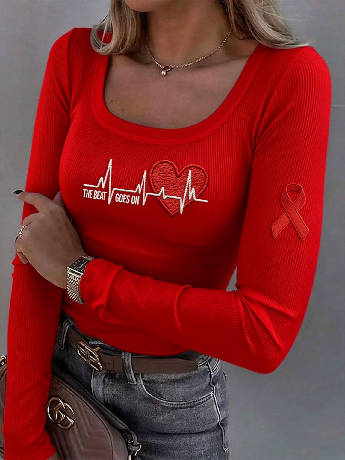 Women's casual heart disease awareness base layer shirt (THE BEAT GOES ON)
